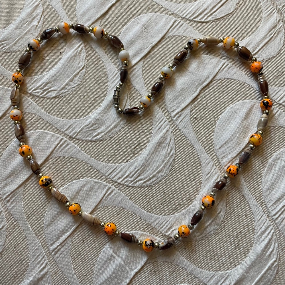 Artisan shell Beaded Necklace Orange Brown Beads natural sea shells 22" long